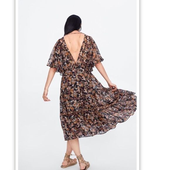 Zara Floral Print Midi Dress with deep V back black Size S - Picture 2 of 13